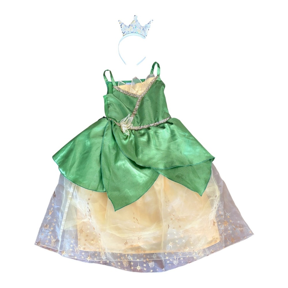 Disney Princess Tiana Costume Dress Green Gold Sequin Crown Girls Size 4
